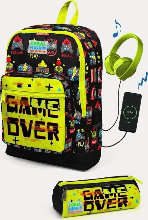 Kids Siyah Neon Sarı Game Over Desenli USB'li 2'li Okul Çanta Seti - Erkek Çocuk
