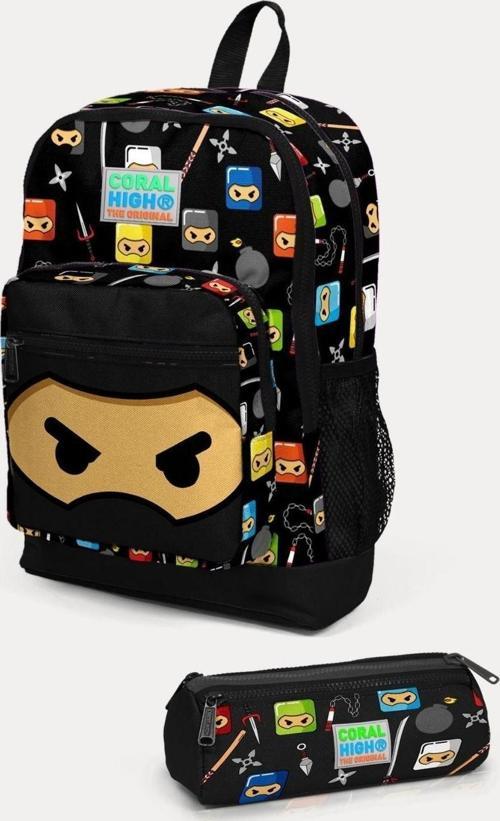 Kids Siyah Ninja Desenli 2'li Okul Çanta Seti - Erkek Çocuk