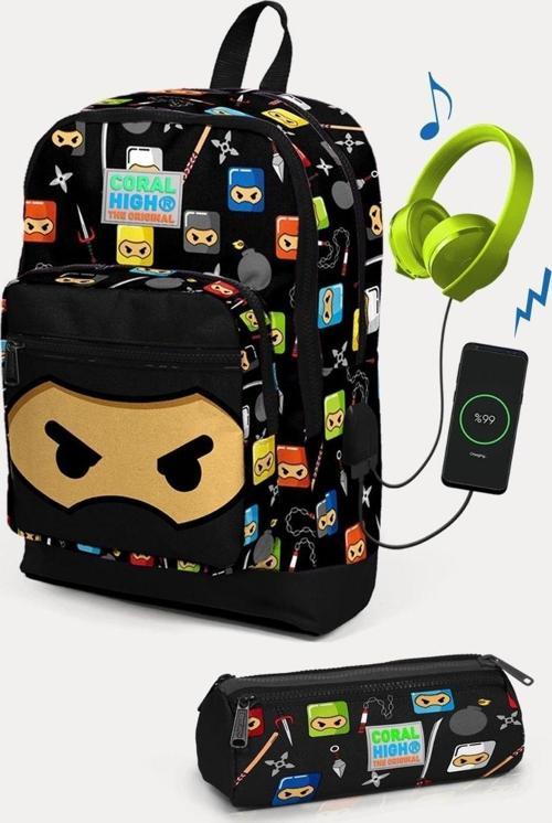 Kids Siyah Ninja Desenli USB'li 2'li Okul Çanta Seti - Erkek Çocuk