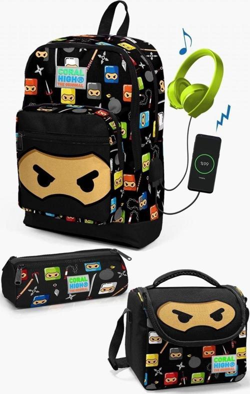 Kids Siyah Ninja Desenli USB'li 3’lü Okul Çanta Seti - Erkek Çocuk