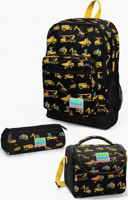 Kids Siyah Sarı İş Makinesi Desenli 3’lü Okul Çanta Seti - Erkek Çocuk