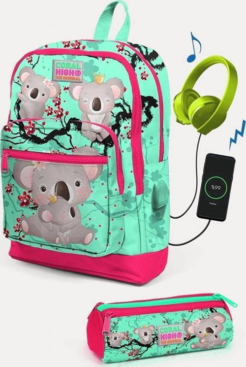 Kids Su Yeşili Neon Mercan Koala Desenli USB'li 2'li Okul Çanta Seti - Kız Çocuk