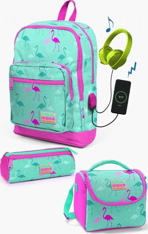Kids Su Yeşili Neon Pembe Flamingo Desenli USB'li 3’lü Okul Çanta Seti - Kız Çocuk