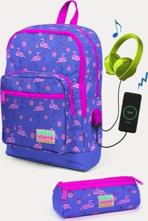 Kids Lavanta Pembe Flamingo Desenli USB'li 2'li Okul Çanta Seti - Kız Çocuk