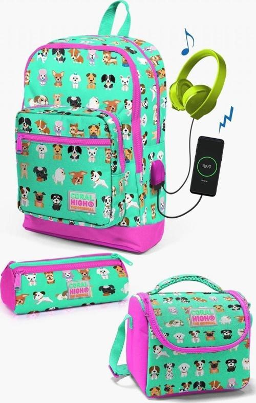 Kids Su Yeşili Neon Pembe Köpek Desenli USB'li 3’lü Okul Çanta Seti - Kız Çocuk