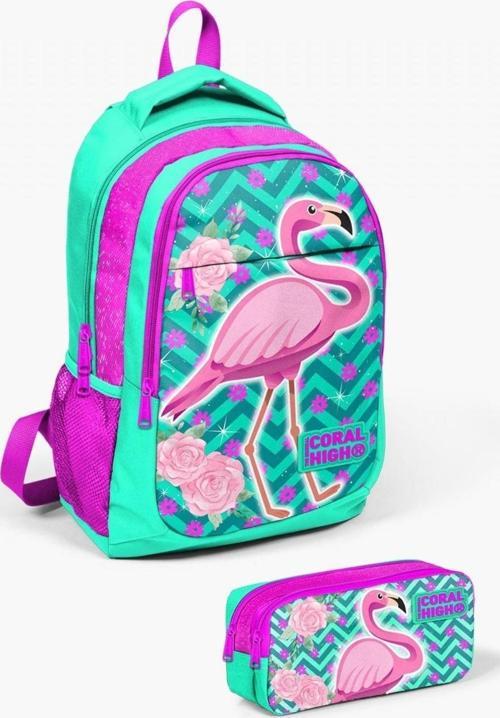 Kids Su Yeşili Pembe Simli Flamingo Desenli 2'li Okul Çanta Seti - Kız Çocuk