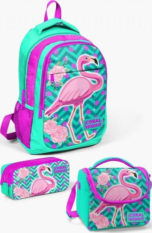 Kids Su Yeşili Pembe Simli Flamingo Desenli 3’lü Okul Çanta Seti - Kız Çocuk İlkokul