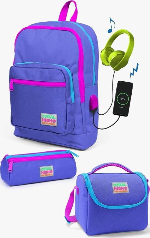 Kids Lavanta USB'li 3’lü Okul Çanta Seti - Kız Çocuk İlkokul Çanta Takımı