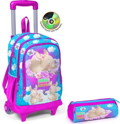 Kız Çocuk Mavi Pembe Tavşan Tekerlekli Okul Çantası ve Kalemlik Seti