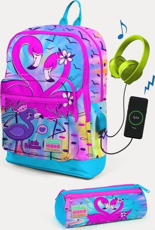 Kids Mavi Pembe Flamingo Desenli USB'li 2'li Okul Çanta Seti - Kız Çocuk