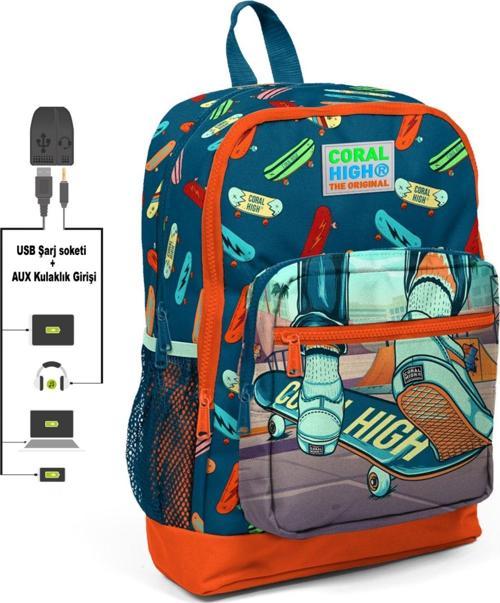 Kaykay Baskılı İlkokul ve Günlük Sırt Çantası - Erkek Çocuk - USB ve AUX Soketli
