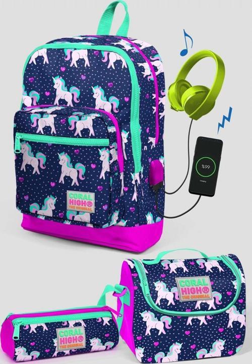 Lacivert Unicorn Desenli Okul Çanta Seti - Kız Çocuk