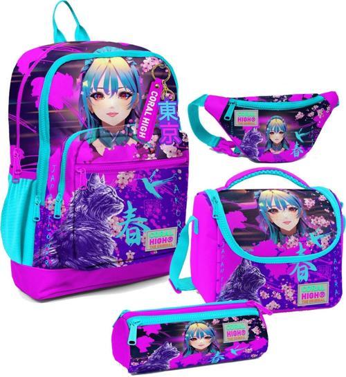 Kız Çocuk Mor Pembe Anime Kedi Desenli İlkokul Okul Çanta Seti ve Bel Çantası