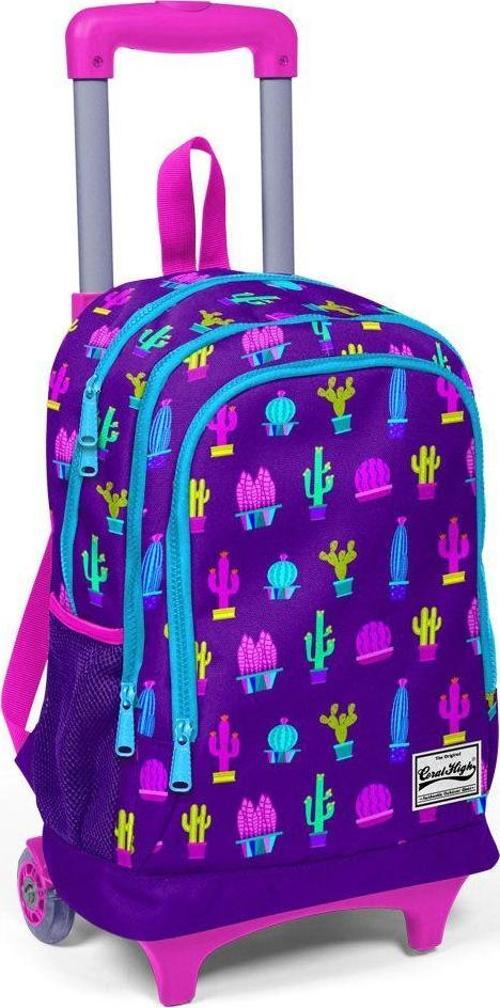 Kids Mor Kaktüs Desenli Kız Çocuk İlkokul Çekçekli Çanta