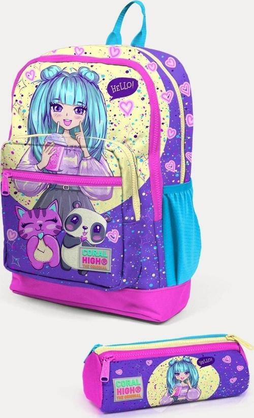 Kids Mor Pembe Anime Kız Desenli 2'li Okul Çanta Seti - Kız Çocuk