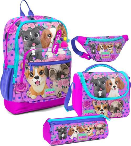 Kız Çocuk Pembe Köpek Desenli İlkokul Okul Çanta Seti ve Bel Çantası