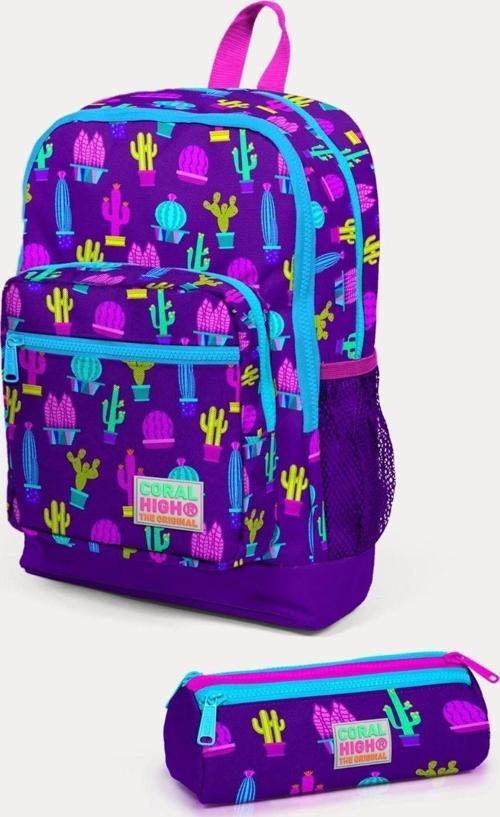 Kids Mor Pembe Kaktüs Desenli 2'li Okul Çanta Seti - Kız Çocuk