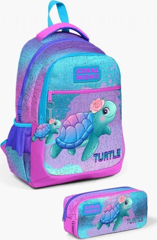 Kids Açık Pembe Mavi Kaplumbağa Desenli 2'li Okul Çanta Seti - Kız Çocuk