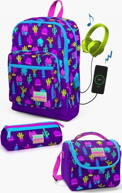 Kids Mor Pembe Kaktüs Desenli USB'li 3’lü Okul Çanta Seti - Kız Çocuk