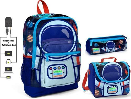 Mavi Astronot Baskılı Erkek Çocuk İlkokul Çanta Seti - USB Çıkışlı