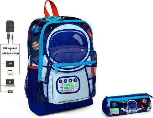 Mavi Astronot Baskılı İlkokul Sırt Çantası ve Kalemlik Seti - Erkek Çocuk - USB Soketli