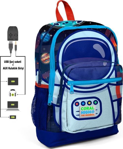 Mavi Astronot Baskılı İlkokul ve Günlük Sırt Çantası - Erkek Çocuk - USB ve AUX Soketli