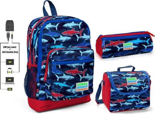 Mavi Köpekbalığı Baskılı Erkek Çocuk İlkokul Çanta Seti - USB Çıkışlı