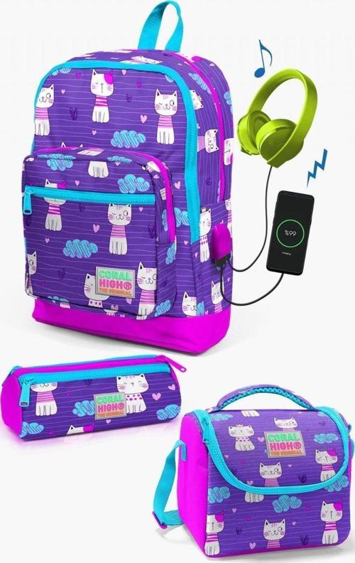 Kids Mor Pembe Kedi Desenli USB'li 3’lü Okul Çanta Seti - Kız Çocuk