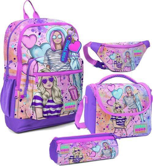 Kız Çocuk Pembe Mor Fashion Girl Desenli İlkokul Okul Çanta Seti ve Bel Çantası