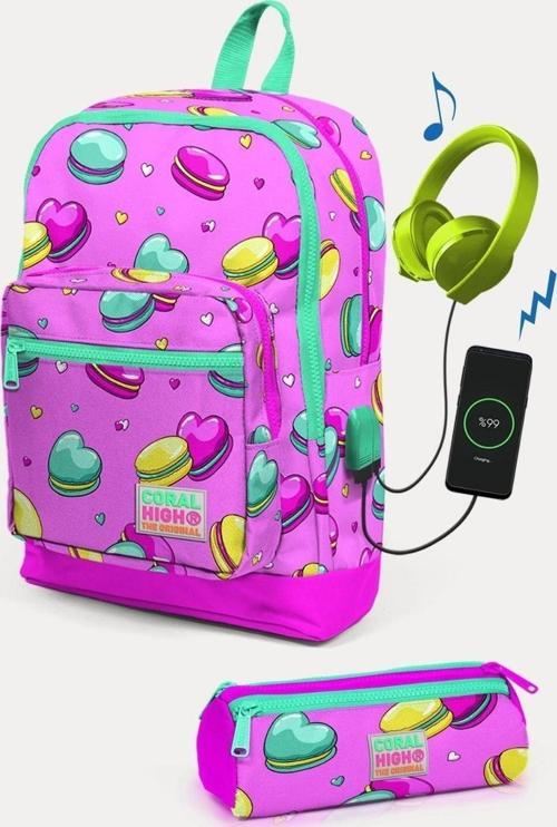 Kids Açık Pembe Su Yeşili Makaron Desenli USB'li 2'li Okul Çanta Seti - Kız Çocuk