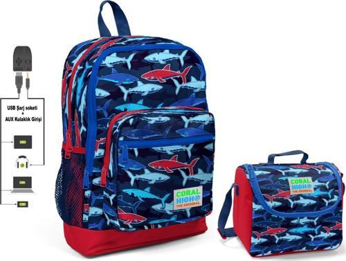 Mavi Köpekbalığı Baskılı Okul Çantası ve Beslenme Çantası Seti - Erkek Çocuk - USB Soketli