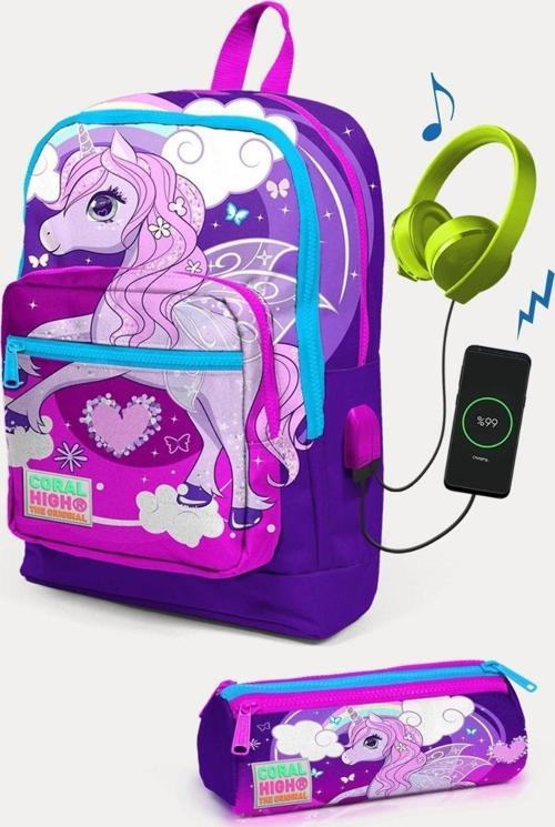 Kids Mor Pembe Unicorn Desenli USB'li 2'li Okul Çanta Seti - Kız Çocuk