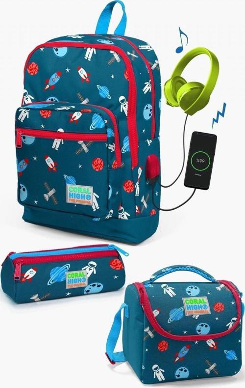 Kids Çivit Kırmızı Uzay Desenli USB'li 3’lü Okul Çanta Seti - Erkek Çocuk