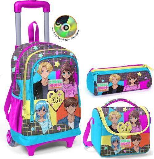 Mavi Pembe Anime Çekçek Okul Çantası Seti - Işıklı Tekerlekler - Kız Çocuk