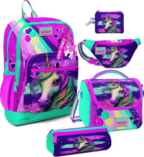 Kız Çocuk Pembe Su Yeşili Unicorn Desenli Beşli İlkokul Okul Çanta Seti