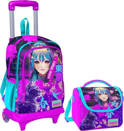 Mor Pembe Anime Kedi Işıklı Tekerlekli Okul Çantası ve Beslenme Seti - Kız Çocuk