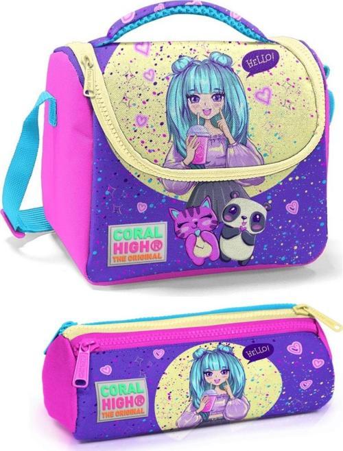 Mor Pembe Anime Kız Çocuk Beslenme Çantası Seti