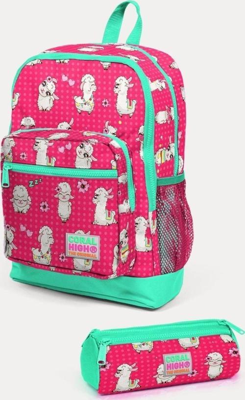 Kids Neon Mercan Su Yeşili Alpaka Desenli 2'li Okul Çanta Seti - Kız Çocuk