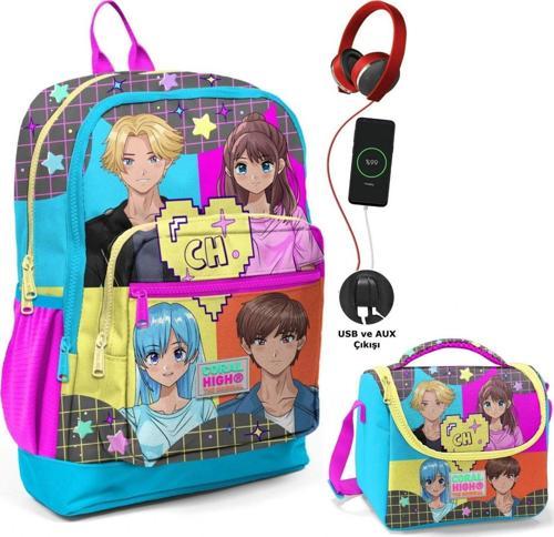 Mavi Pembe Anime Okul ve Beslenme Çantası Seti - Usb Soketli - Kız Çocuk