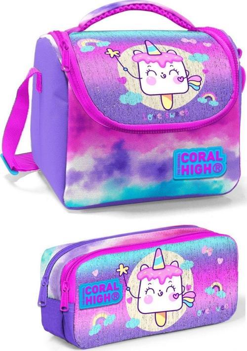 Mor Pembe Dondurma Unicorn Kız Çocuk Beslenme Çantası Seti