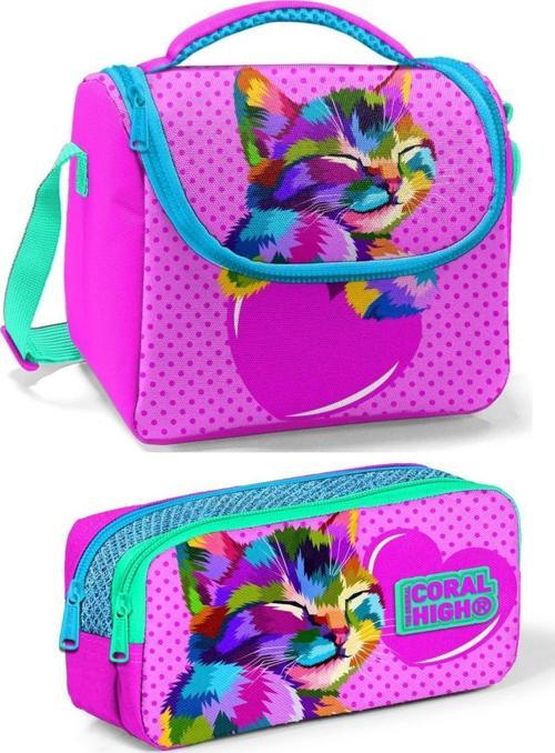Mor Pembe Kedi Kız Çocuk Beslenme Çantası Seti