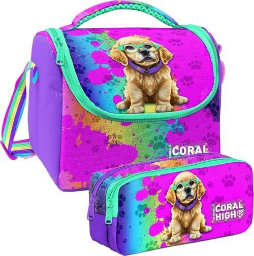 Mor Pembe Köpek Desenli Kız Çocuk Isı Yalıtımlı Beslenme Çantası ve Kalemlik Seti