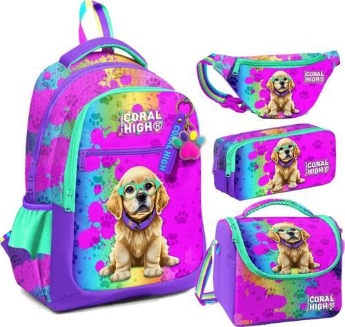 Mor Pembe Köpek Desenli Kız Çocuk Okul Beslenme Kalemlik ve Bel Çantası Seti - İlkokul İçin Uygun