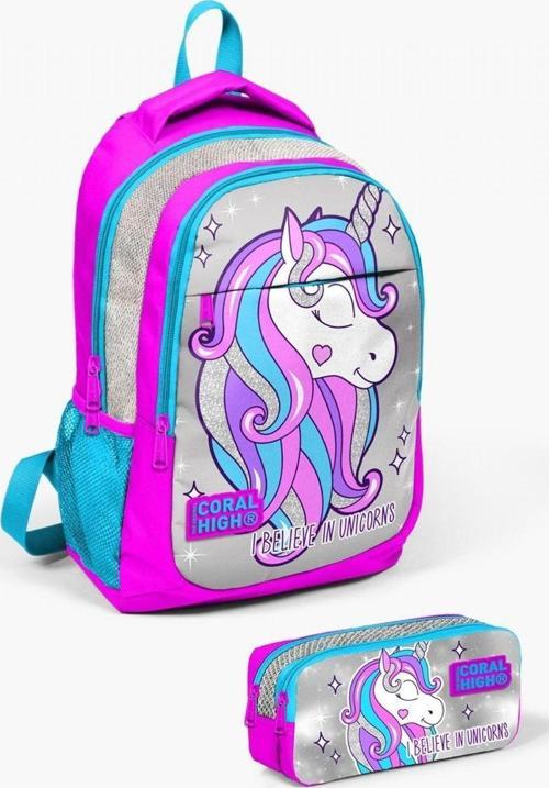 Kids Pembe Gümüş Simli Unicorn Desenli 2'li Okul Çanta Seti - Kız Çocuk