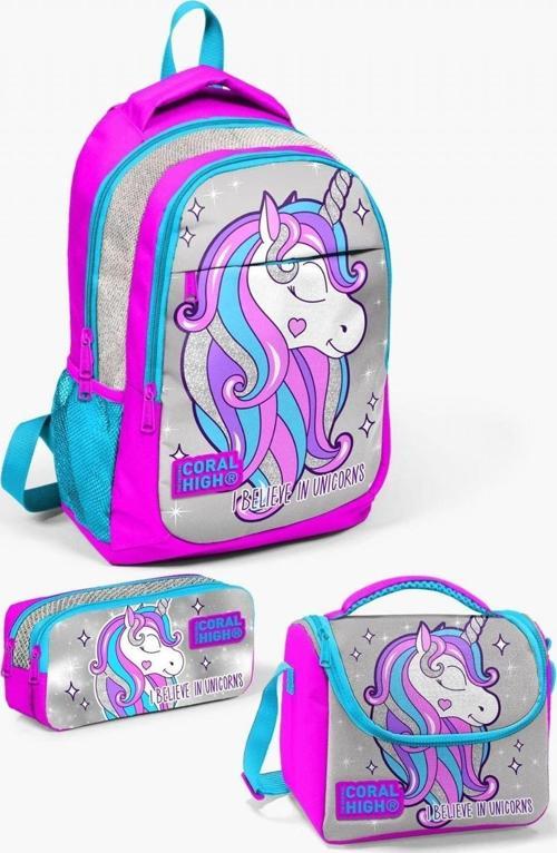 Kids Pembe Gümüş Simli Unicorn Desenli 3’lü Okul Çanta Seti - Kız Çocuk