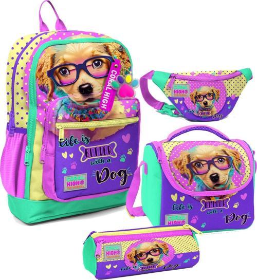 Kız Çocuk Sarı Pembe Sevimli Köpek Desenli İlkokul Okul Çanta Seti ve Bel Çantası