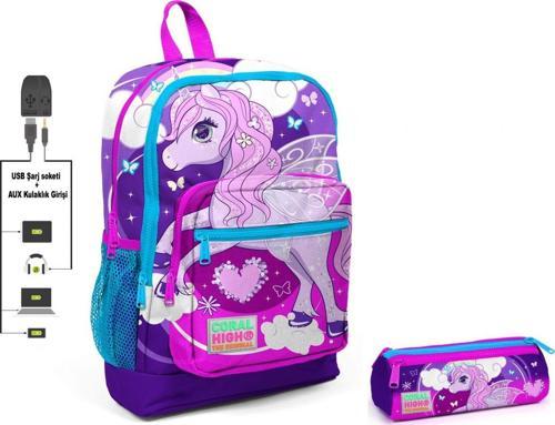 Mor Unicorn Baskılı İlkokul Sırt Çantası ve Kalemlik Seti - Kız Çocuk - USB Soketli