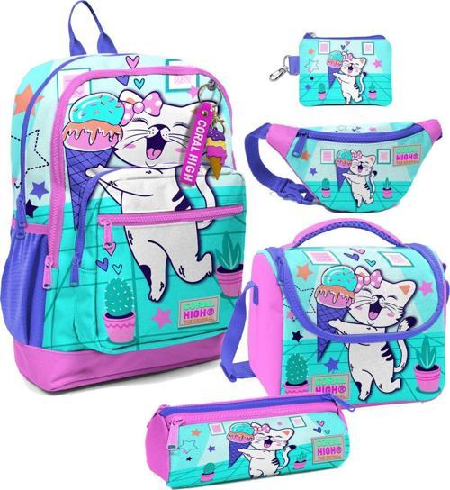 Kız Çocuk Turkuaz Pembe Dondurmalı Kedi Desenli Beşli İlkokul Okul Çanta Seti