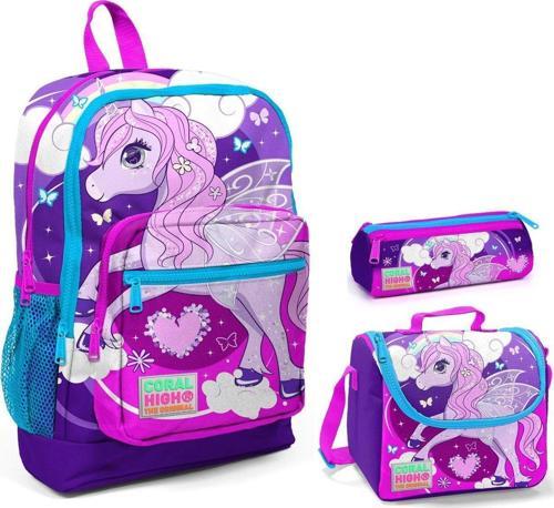 Mor Unicorn Baskılı Kız Çocuk 3'lü İlkokul Çanta Seti