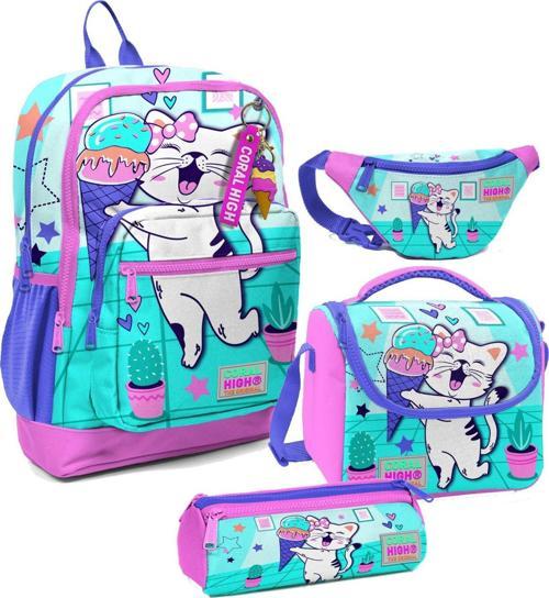 Kız Çocuk Turkuaz Pembe Dondurmalı Kedi Desenli İlkokul Okul Çanta Seti ve Bel Çantası